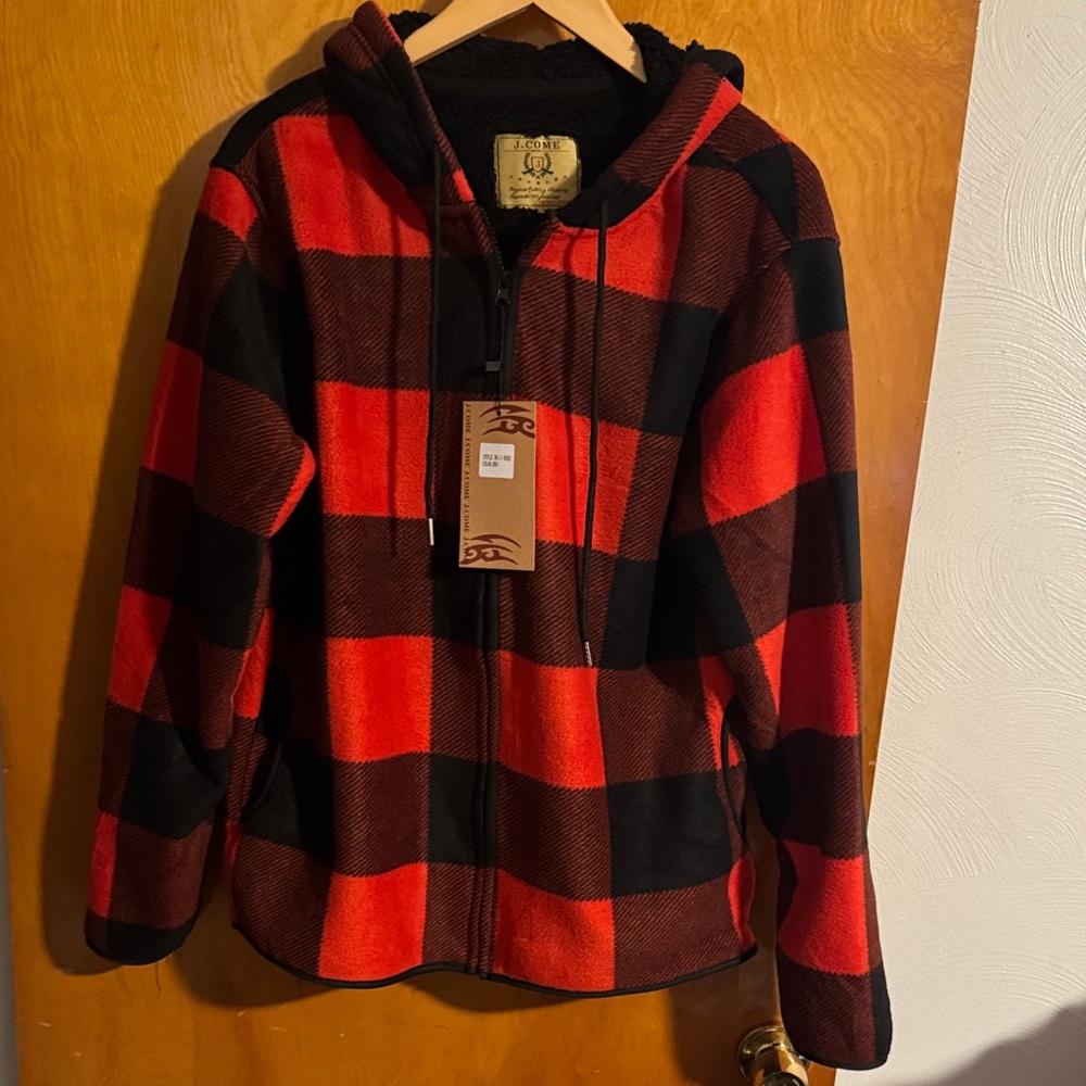 Red Plaid Hoodie Mens Medium Fleece Sherpa J.Come